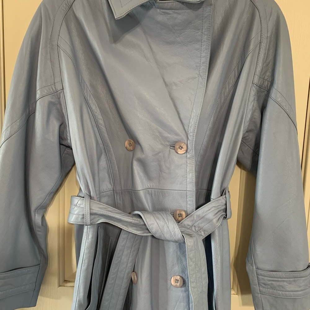 Together, blue leather coat.